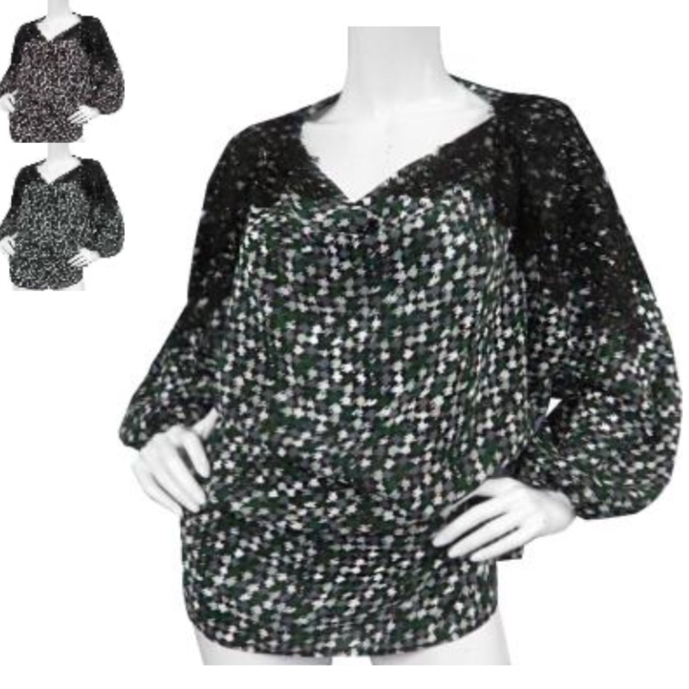 Gold Hawk Herringbone Printed Cowl Neck Blouse w/Lace,  SMALL *NWT*